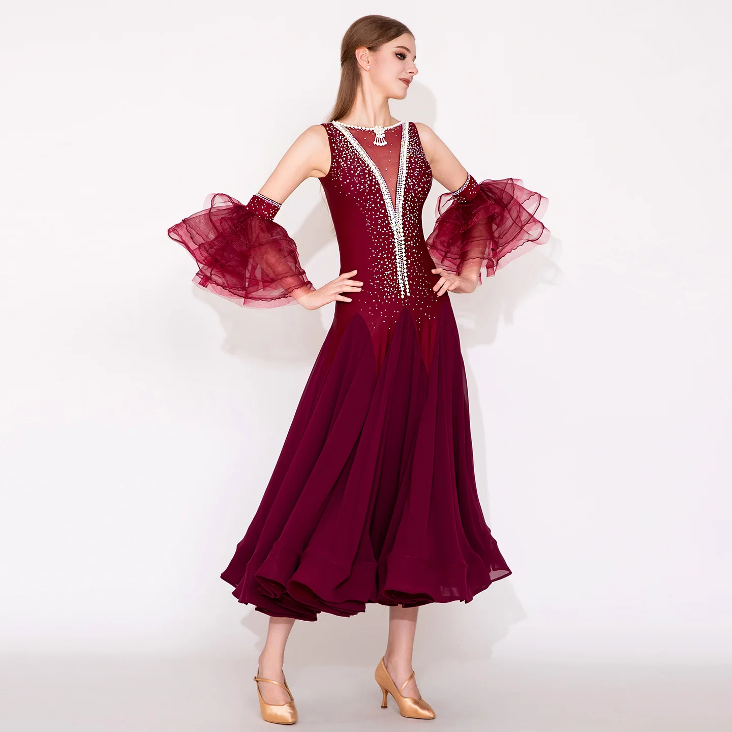 فستان أداء الرقص الحديث النبيذ الأحمر قرمزي المعايير الوطنية مسابقة الرقص أداء الملابس My948