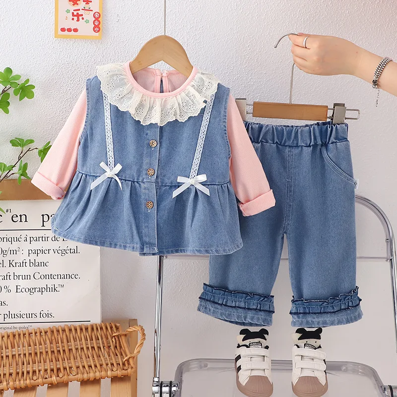 Sets Girls Bow Cowboy Vest Spring Autumn New Korean Style Childrens Fashionable Three Piece Set 2025