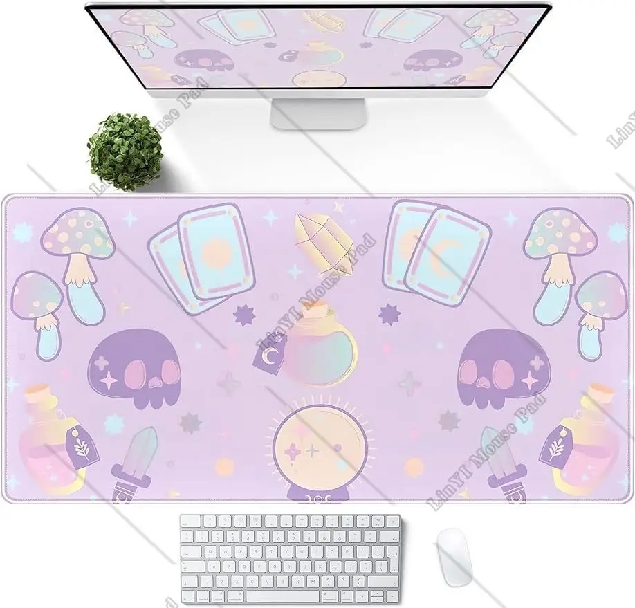 Kawaii Purple Witchy Mouse Pad XL Skull Gaming Mouse Pad Stitched Edges Non-Slip Rubber Mouse Mat for Office Work 31.5 X 11.8 In