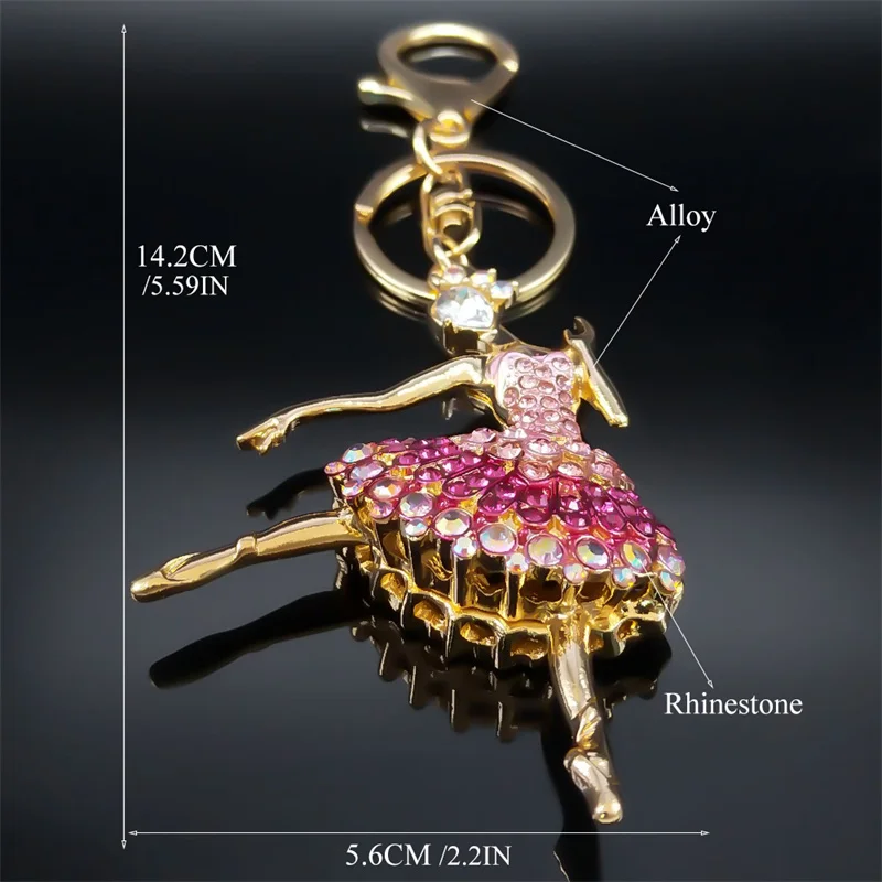 Aesthetic Ballet Dancer Keychain for Women Girls Pink Rhinestone Metal Ballerina Key Chains Jewelry Gift llaveros K5313S01