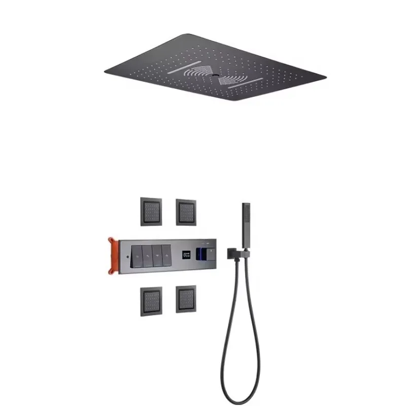 Luxury bathroom ceiling waterfall shower system, built-in thermostatic mixer, rain shower set, hidden nozzle massage faucet set