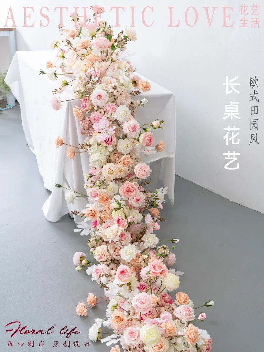 

European wedding decoration desktop arrangement, pink long table flowers, simulated flowers, fake flowers, handmade finished flo