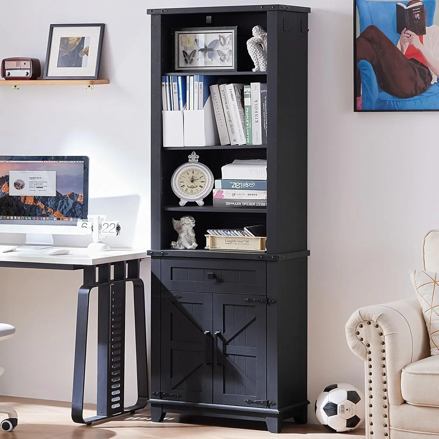 72in 7 Tier Bookshelf with Drawer & Barn Doors, Adjustable Shelves Farmhouse Storage Cabinet, Wood Display for Living Room, Cust