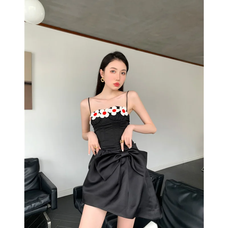 Elegant Party Dresses 2024 Summer Pure Chic Fairy Skirt Flower Design Heavy Work Delicate Princess Black Ball Short Dress