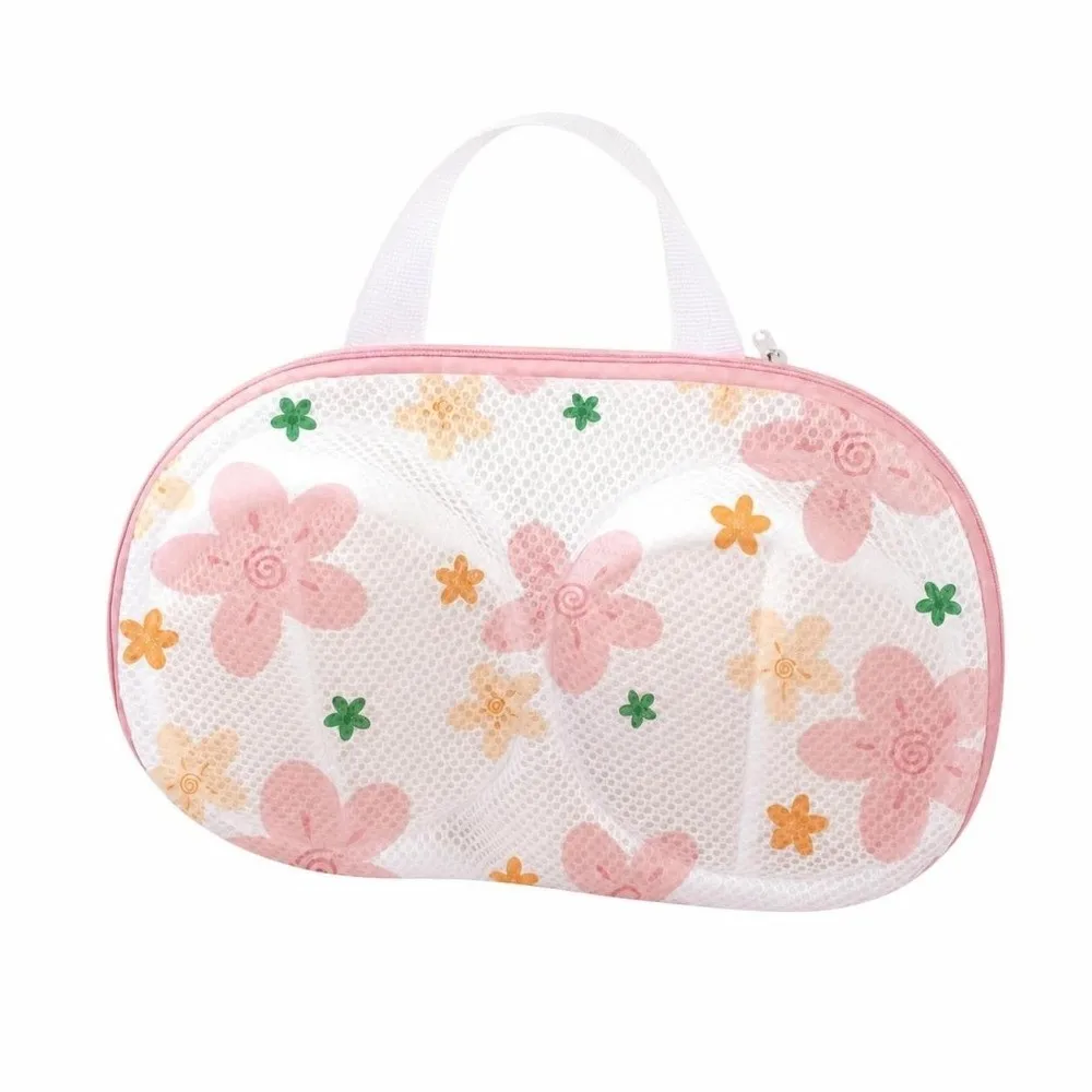 Mesh Bra Laundry Bag with Fixed Strap Flower Leaves Printed Bra Washing Protector Bag Anti-Deformation Lingerie Wash Bag