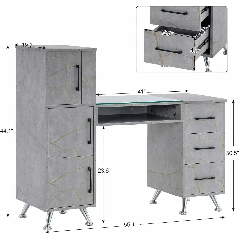 Manicure Table, Nail Makeup Desk with Drawers, Storage Beauty Salon Workstation 2611 (Gold&Grey)