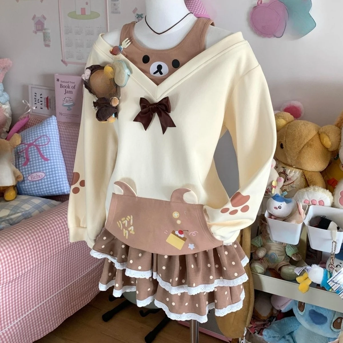 Kimotimo-Sudadera con hombros descubiertos y estampado de dibujos animados japoneses para mujer, Tops holgados de manga larga para otoño e invierno, sudaderas informales Y2k