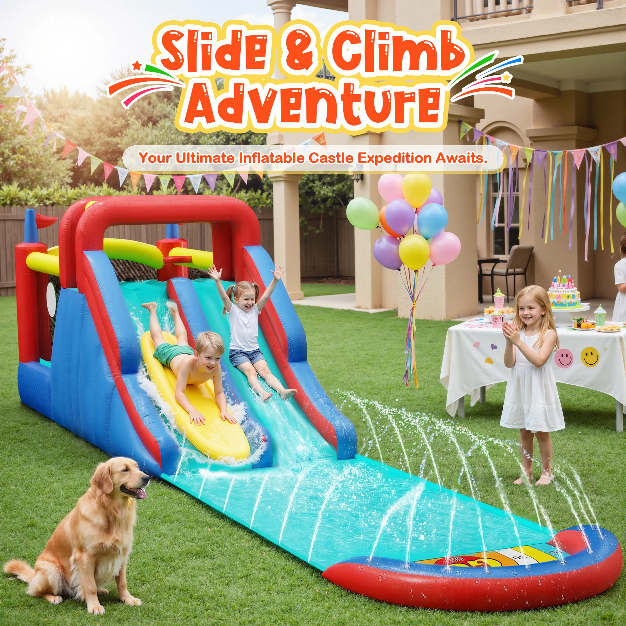 

Надувной батут-горка Jump 'n Slide с мощным вентилятором (GFCI), колышками, заплатками для ремонта и сумкой для хранения, для детей всех возрастов