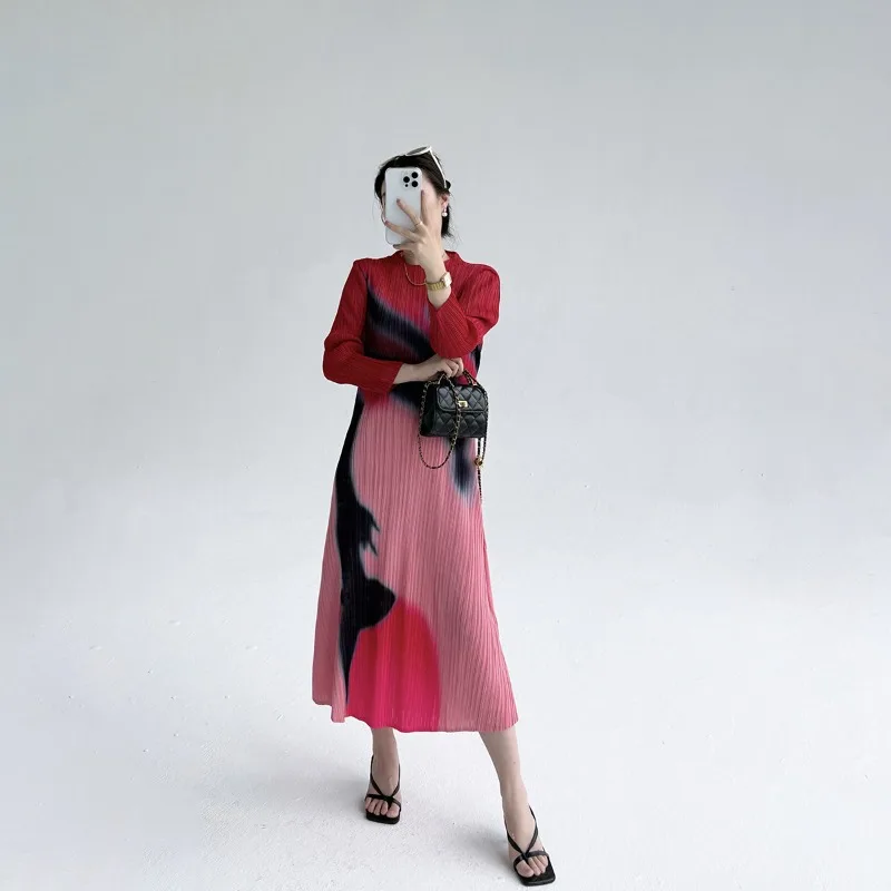 Miyake novo estilo francês vestidos femininos de manga comprida elegante temperamento impresso plissado emagrecimento cabido longo vestido de camadas
