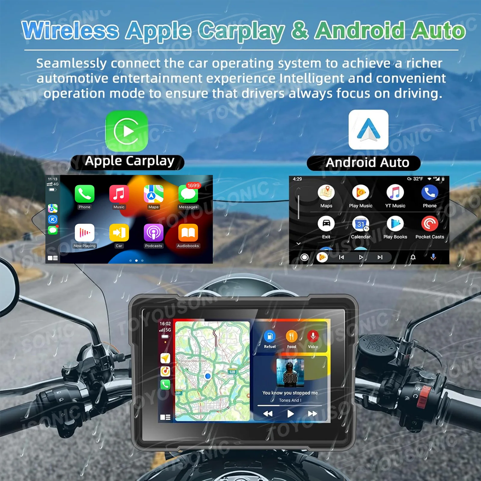 TOYOUSONIC 5 inch Motorcycle Navigation GPS BT 5.0 IP67 Waterproof Touch Screen Display For Wireless Apple Carplay Android Auto