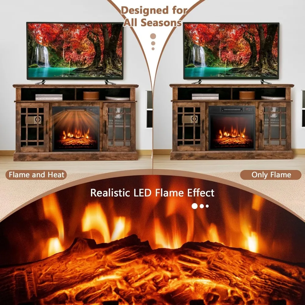 Supporto TV per camino elettrico per TV fino a 55 pollici, inserto per camino da 18 pollici con telecomando, protezione da surriscaldamento, legno da 48 pollici
