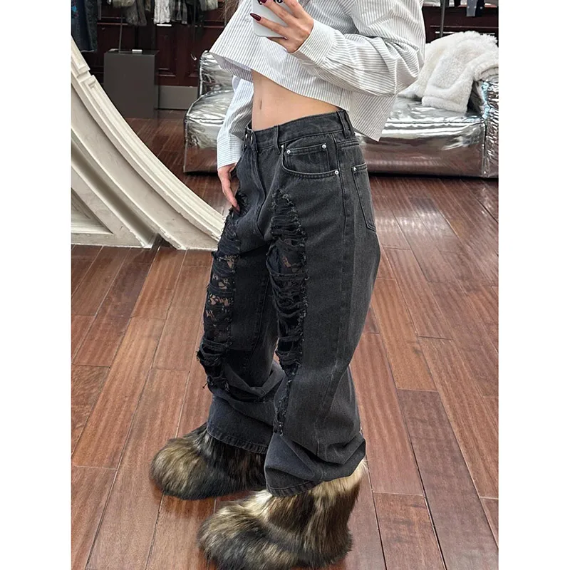 Jean noir sens design femmes Vintage taille haute pantalon en Denim droit américain Streetwear jambe large pantalon en Denim classique