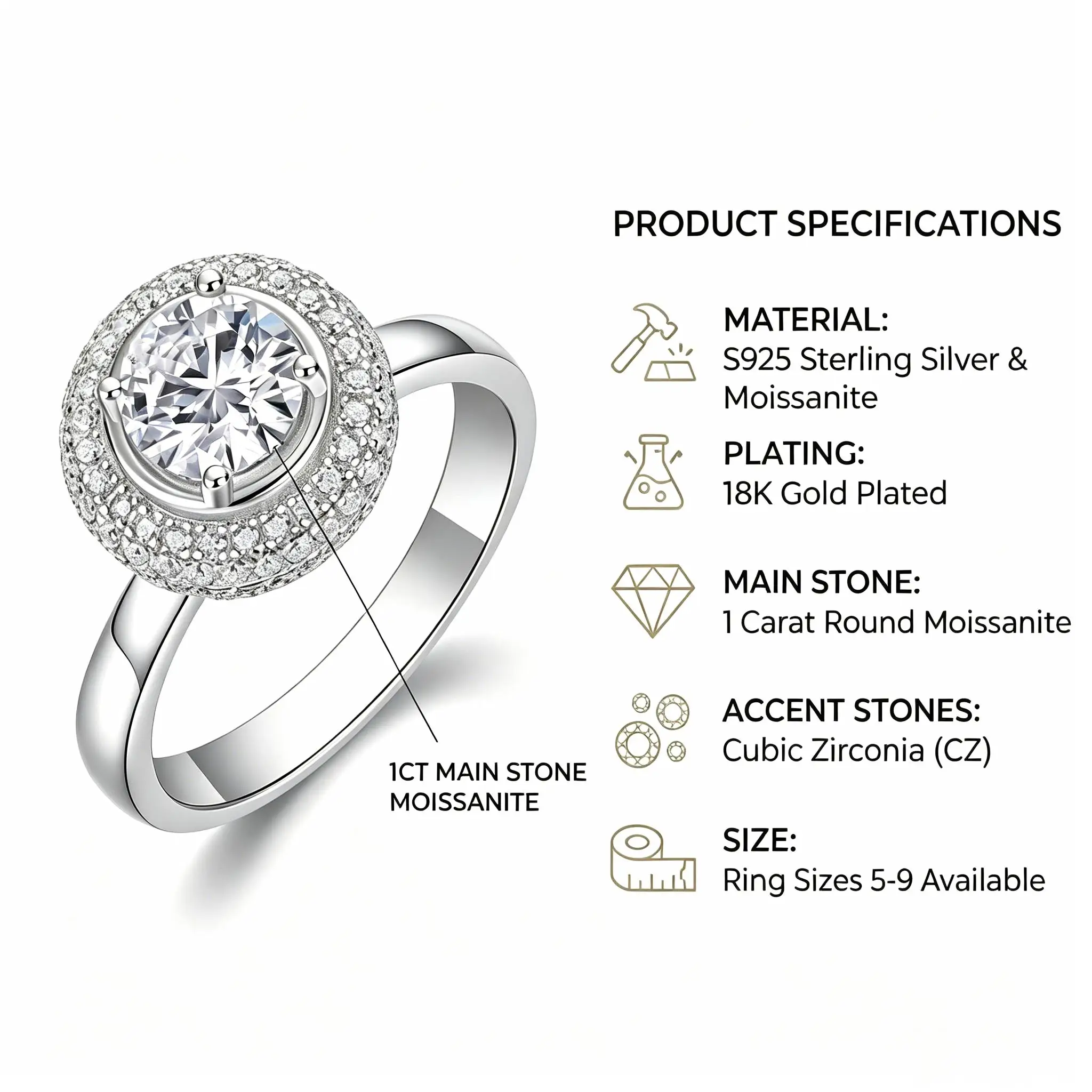 

Luxury High-End 1CT D Color VVS1 Moissanite Double Halo Ring, S925 Silver Wedding Engagement Band for Women & Bridal Party