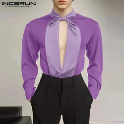 Fashion Casual Style Tops INCERUN New Men's Patchwork Hollow Design Shirts Handsome Male Hot Sale Long Sleeved Tie Blouse S-5XL