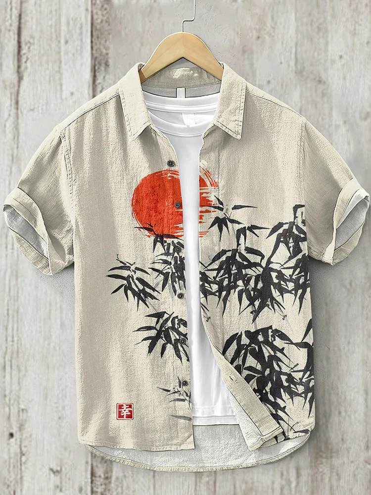 

2024 New Hawaiian Short Sleeve Shirt 3D Printed Bamboo Linen Casual Loose Pullover Buttoned Men's Shirt