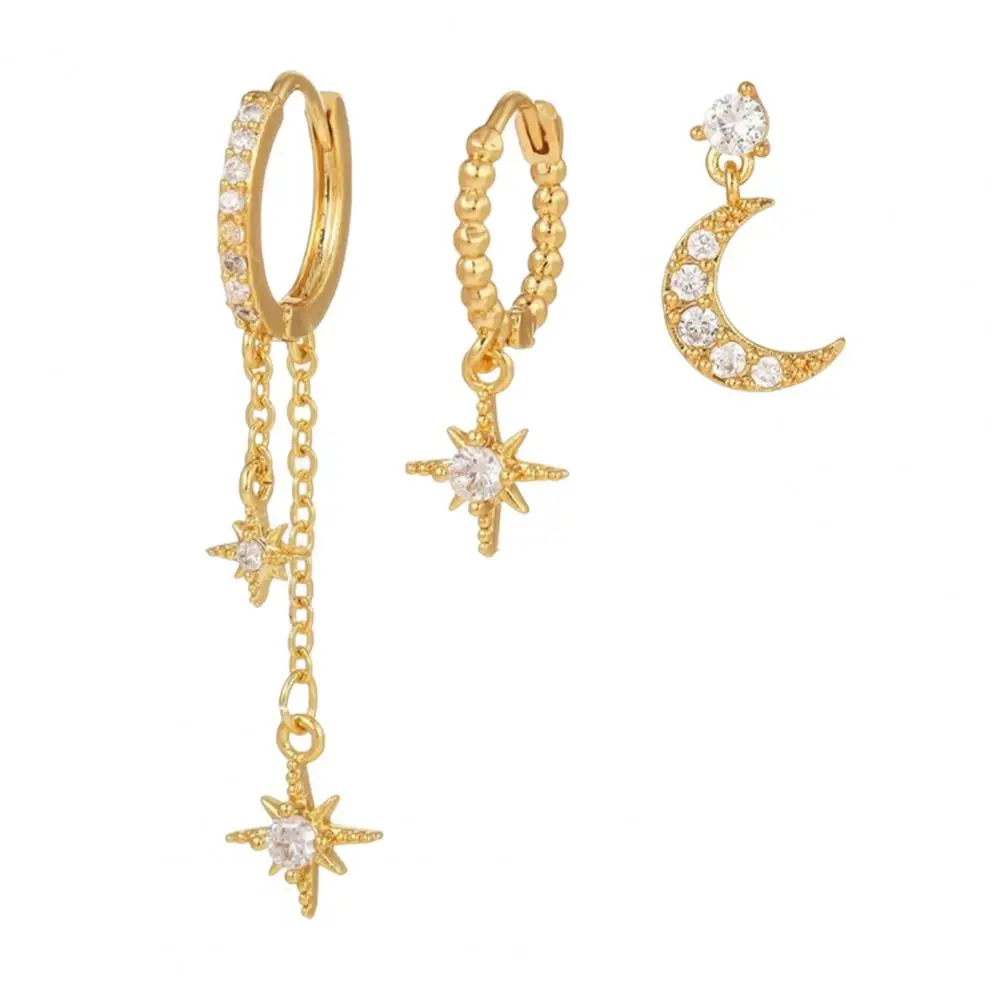 Stacking Hoop Earrings 3 Pairs Women Earrings Moon Star Charm Huggie Earrings Electroplated Rhinestone Studs Party Prom Dating