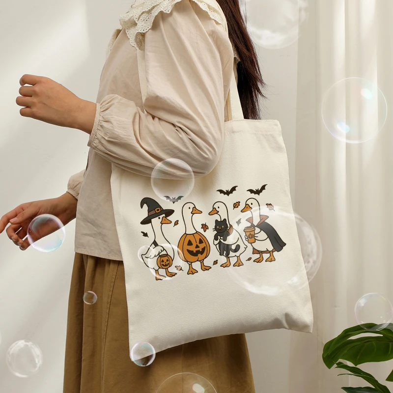 Cute Halloween Goose Tote Bag, Witch Duck Black Cat Print, Fall Autumn Reusable Shopping Bag