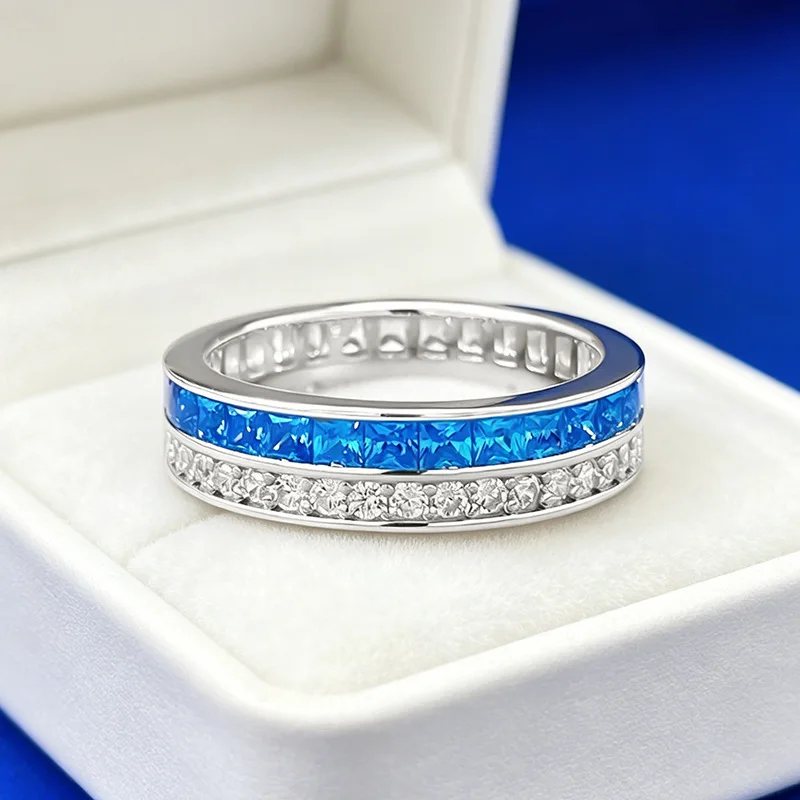 Luxury white gold solid platinum PT950 double row blue and white full diamond ring for women marine fresh