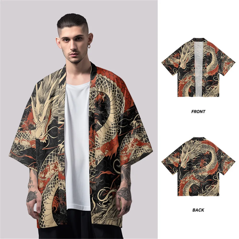 

Summer Beach Anime Dragon Print Fashion Cardigan Haori Casual Women Loose Shirts Kimono Streetwear Men Plus Size