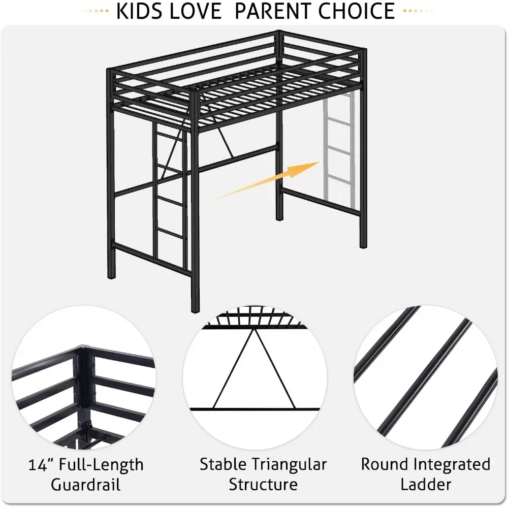 Junior Loft Bed Twin Heavy Duty Twin Bed Frame with Full-Length Guardrail & Removable Stairs, No Box Spring Needed, Black Bed