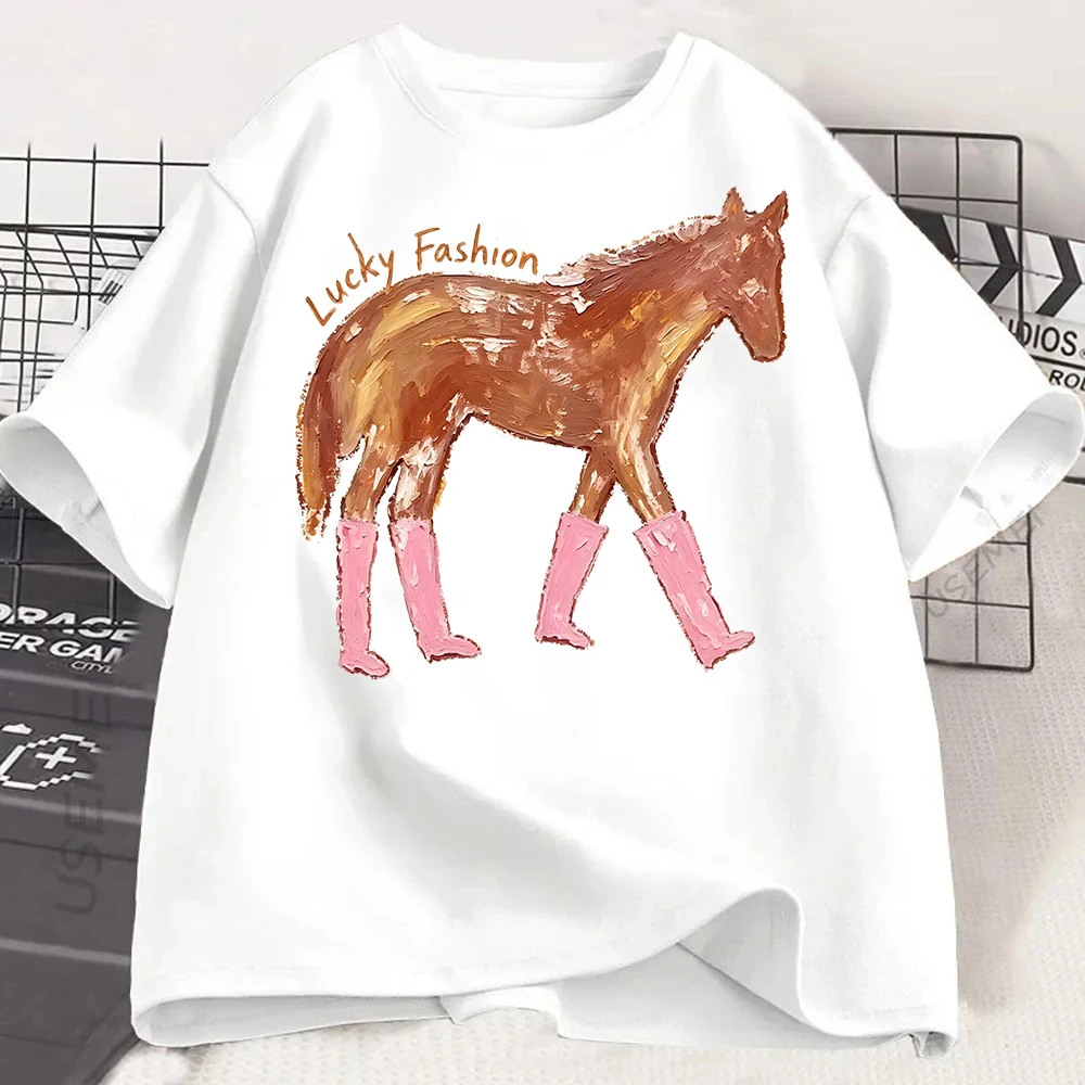 Pferde-Print Damen-T-Shirt Niedliche Rosa Stiefel Pony Grafik-T-Shirt Lässiges Oversize Kurzarm Sommer-Oberteil Vintage Harajuku Tier-Shirt – Detail 1