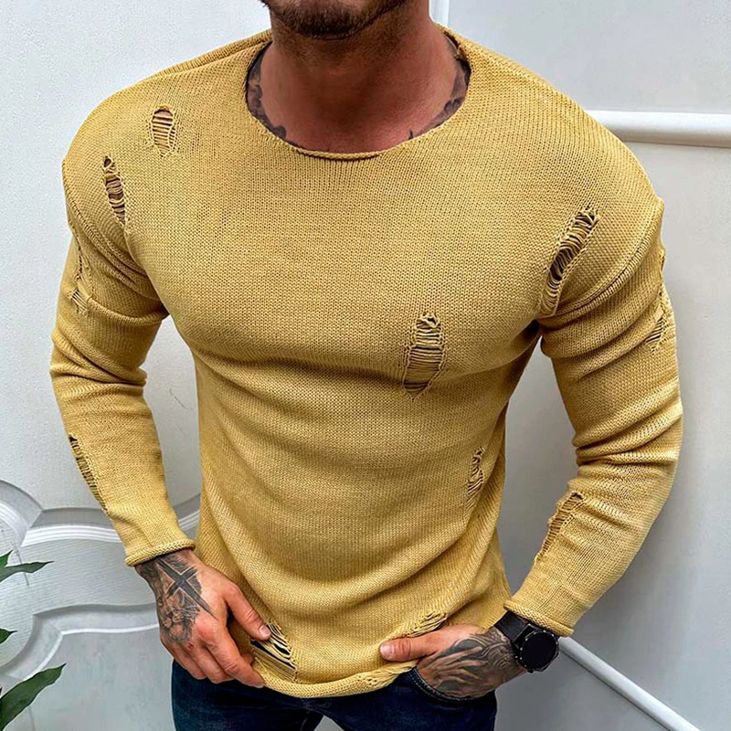 Vintage Ripped Design Knit Tops Men Spring Long Sleeve Slim Sweaters Casual Men\'s Clothing Fashion Solid Color Knitted Pullovers