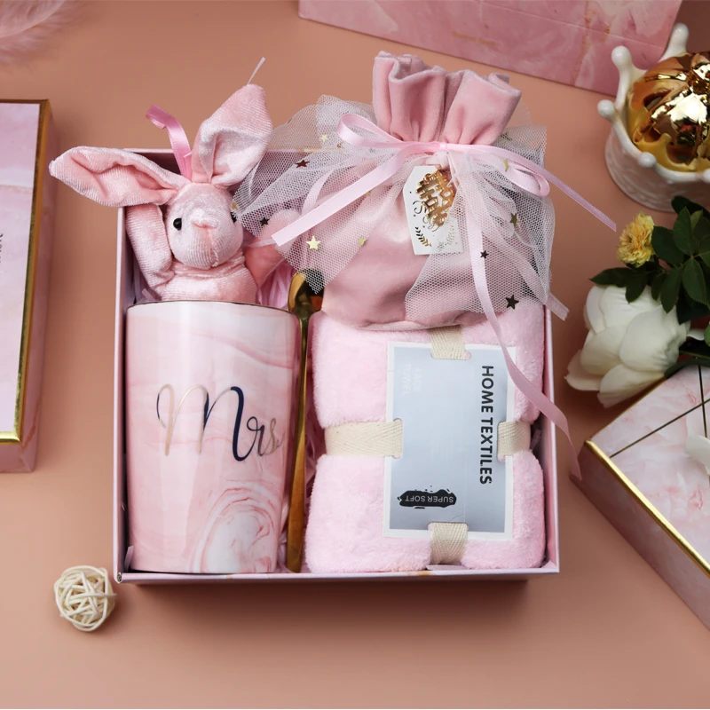 Pink Blue Candy Bag Cup Towel Bridesmaid Baby Girlfriend Birthday Graduation Wedding Gift Set Box