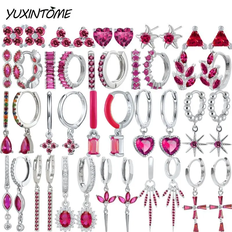 

925 Sterling Silver Needle Sweet and Romantic Rose Red Silver Series Hoop Earrings Pendant Women Light Luxury Fashion Earrings