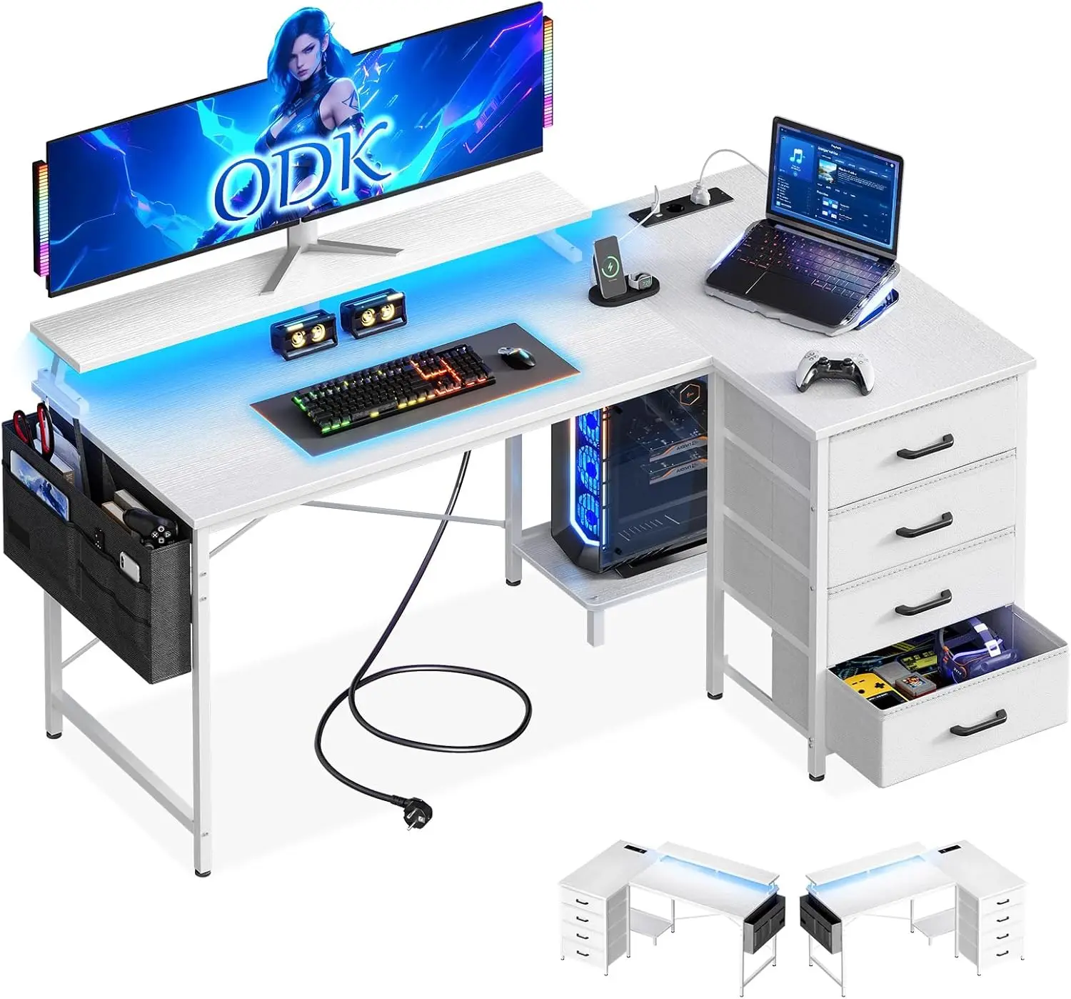 Bureau d'angle Coleshome blanc avec 4 tiroirs, 2 prises et 2 ports de charge USB, 140x80cm, blanc