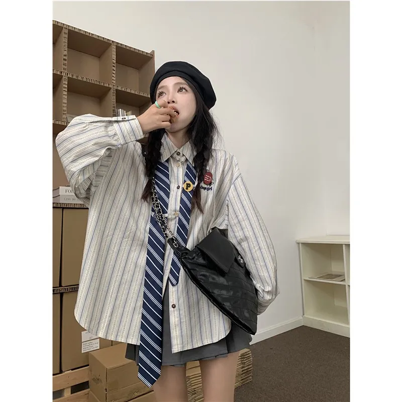 

Женская Свободная блузка в полоску, однобортная Повседневная рубашка в стиле преппи с длинным рукавом и отложным воротником, весна 2023, V35