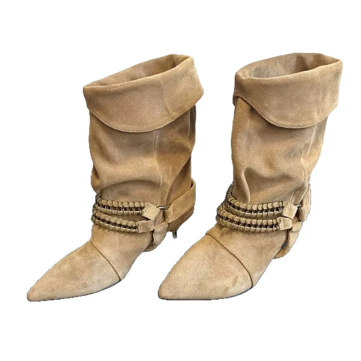

2025 Winter New Fashion Mid Calf Boots Women's Low Heel Metal Buckled Western Booties Designer Comfy Shoes Ankle Boots