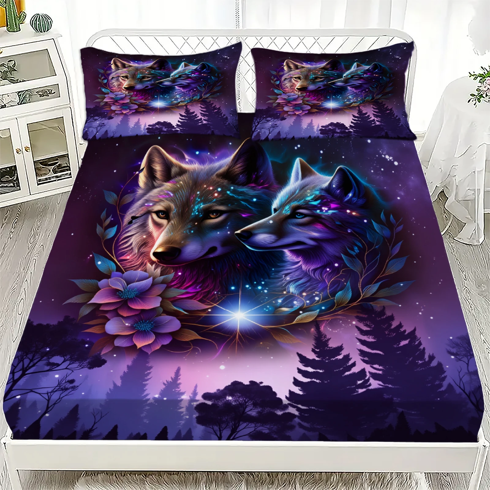 3pcs Purple Fitted Sheet Sets 3D Printed Dramatic Valley Flowers Wolve And Fox  Gifts For Teen Boys Soft Washable Flat Sheet