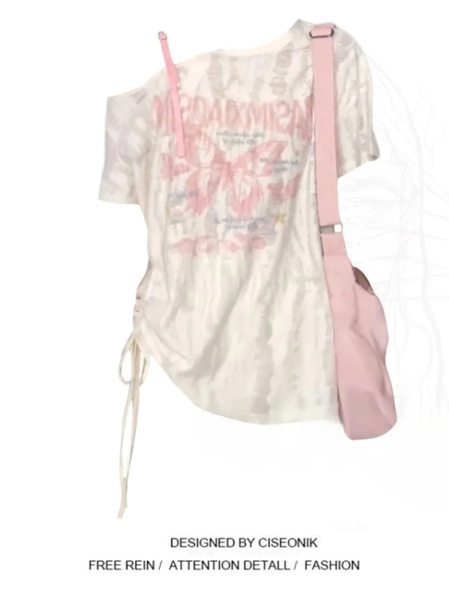 

Новая летняя женская футболка Sweet School Sle с буквенным принтом, открытыми плечами, коротким рукавом, больших размеров, для полных женщин, в корейском стиле