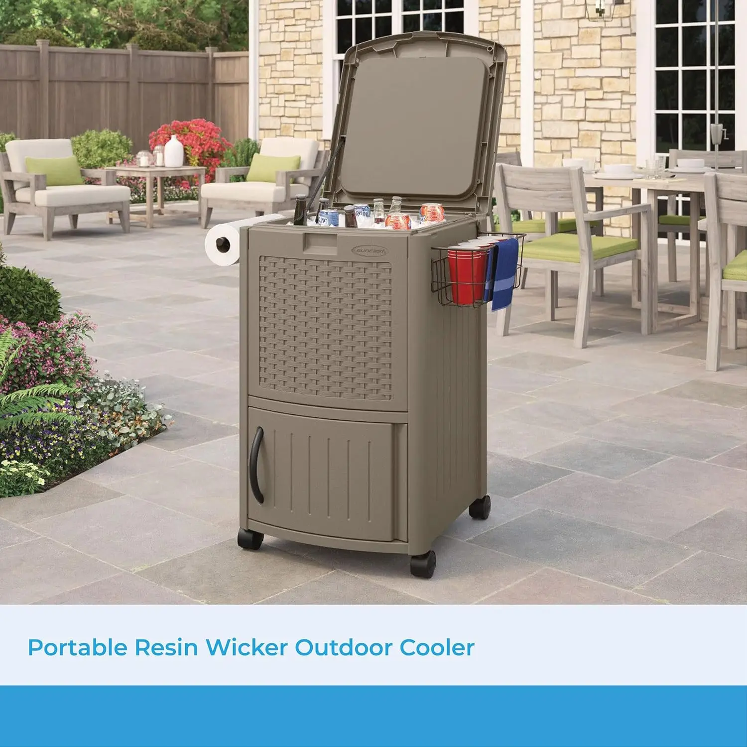 Resin 77 Quart Wicker-Look Outdoor Patio Cooler with Wheels, Java