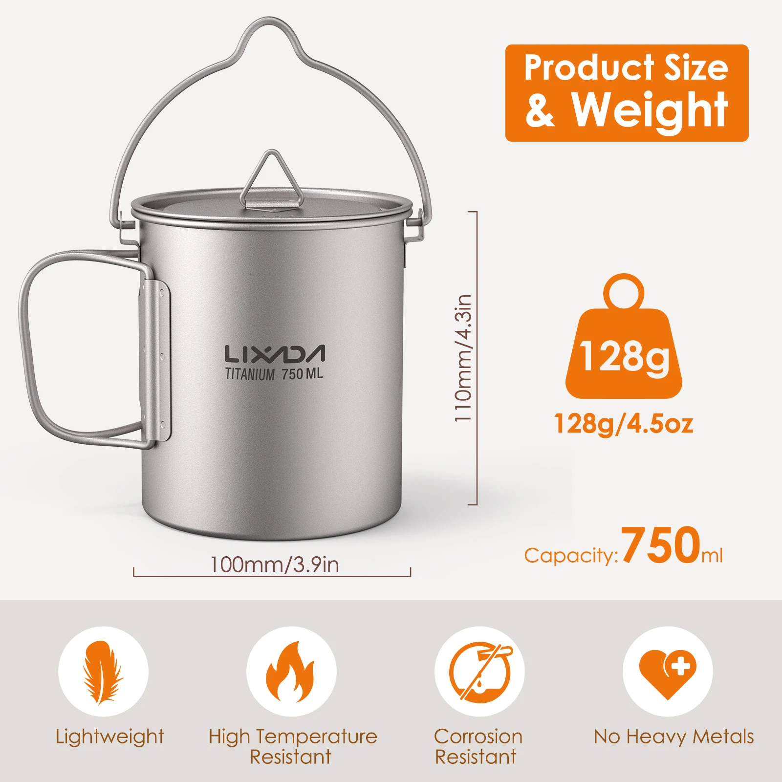 Ultralight 300ml/750ml Titanium Pot Portable Ti Water Mug Cup with Lid and Foldable Handle Fork Spoon Outdoor Camp Cook Picnic - view 6