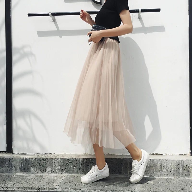 Basic Solid Pleated Tulle Midi Skirt Spring Summer Big Swing Long Mesh Skirt Korean Style Fashion Ladies Gray Beige Black Skirt