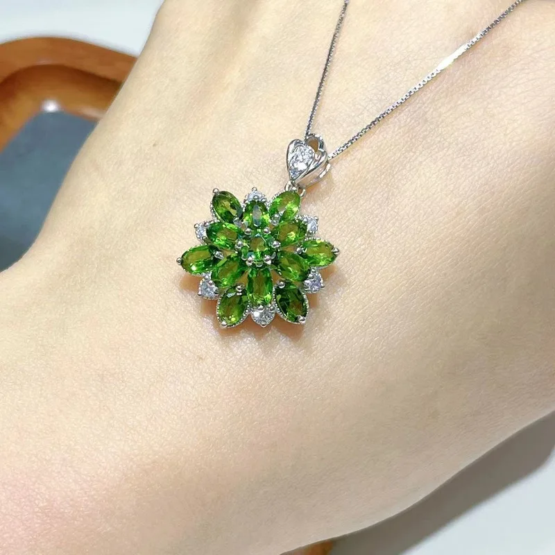 SACE GEMS New 925 Sterling Silver Raw 3*5MM Natual Diopside Pendant Necklace for Women Engagement Cocktail Party Fine Jewelr