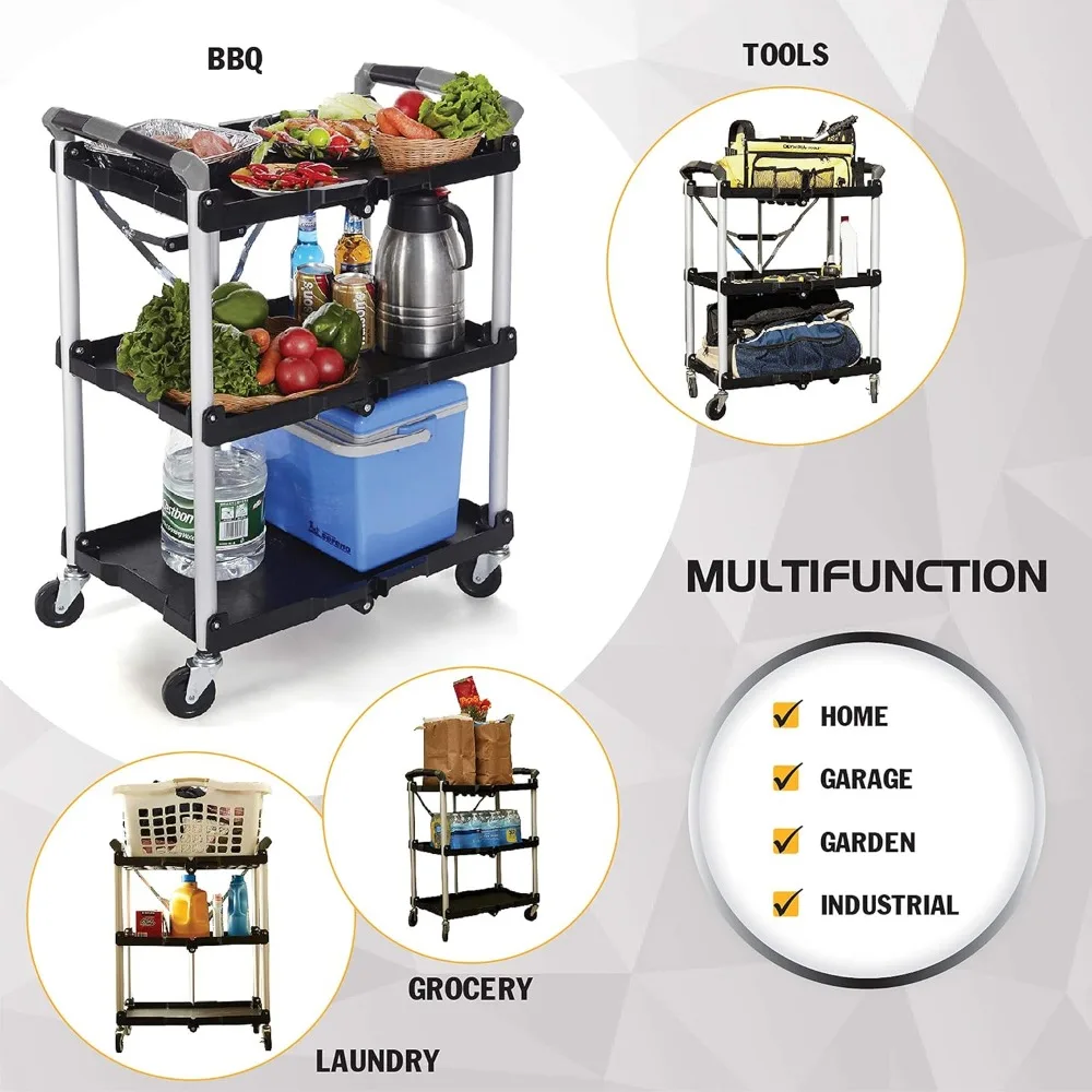 Collapsible Folding Service Cart with 150LB Capacity, Portable Tool Organizer for Garage and Home Use