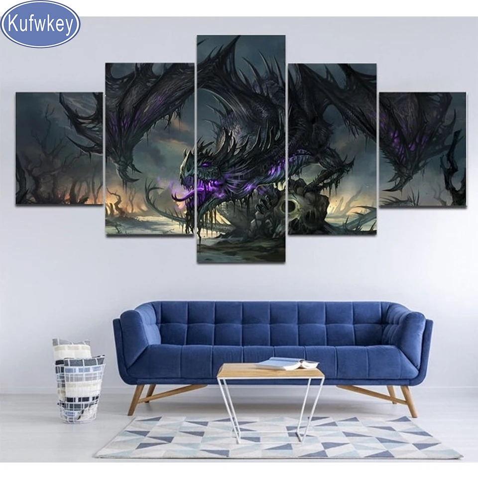 

Black Dragon Skull 5 Panel Diamond Painting Cross Stitch Complete Kit Crystal Crafts 5D Full Diamond Embroidery Home Decoration