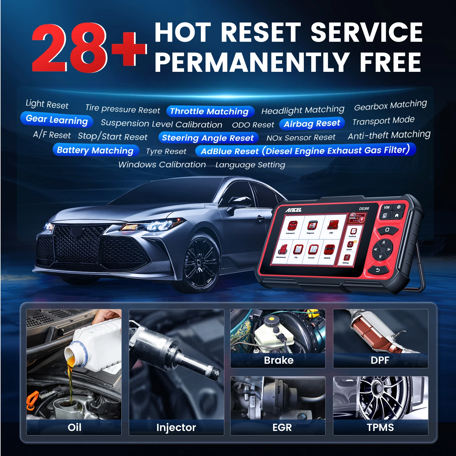 Herramienta de diagnóstico automotriz de sistema completo, escáner bidireccional OBD2, codificación FCA ECU, reaprendizaje, prueba activa FCA, más de 30 reinicias, ANCEL DS300