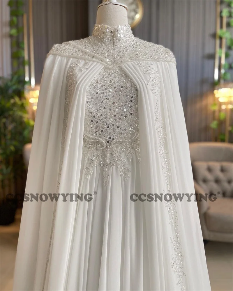 Chiffon lantejoulas frisado vestidos de casamento para noiva com capa manga longa alta pescoço vestido de noiva islâmico árabe dubai robe de mariée