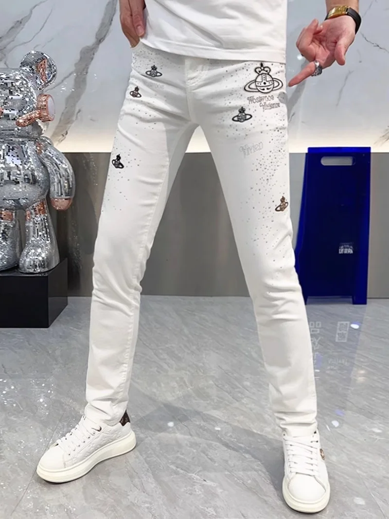 

Slim Fit White Denim Jeans Men's Faionable Printed Thin Summer Long Pants Breathable Casual Youth ular mid Waist Zipper