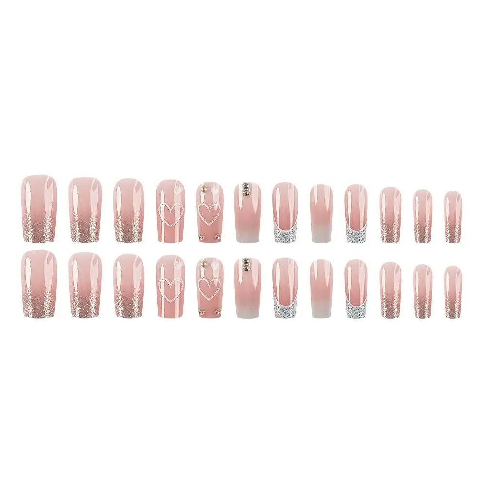 Longo unhas postiças para meninas, 24 pcs/box, tubo de água, cabeça quadrada, coração, amor, pressione as unhas, cobertura completa