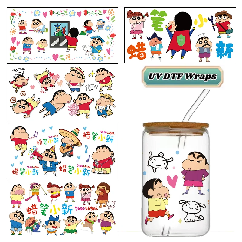 Funny Cartoon Crayon Shin-chan 16oz UV DTF 3D Transfer Cartoon Sticker Wrap Decals For Glass Can Cup Craft DIY Creative