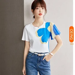 Spliced Print Short Sleeve T-shirt Women Clothing 2024 Summer New Slim Fit Casual O-neck Tops Tees Shirts Female D2920