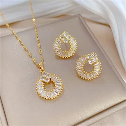 Jewelry Sets For Women Circle Four Leaf Clover Earrings Stainless Steel Chain Flower Necklace Accesorios Para Mujer