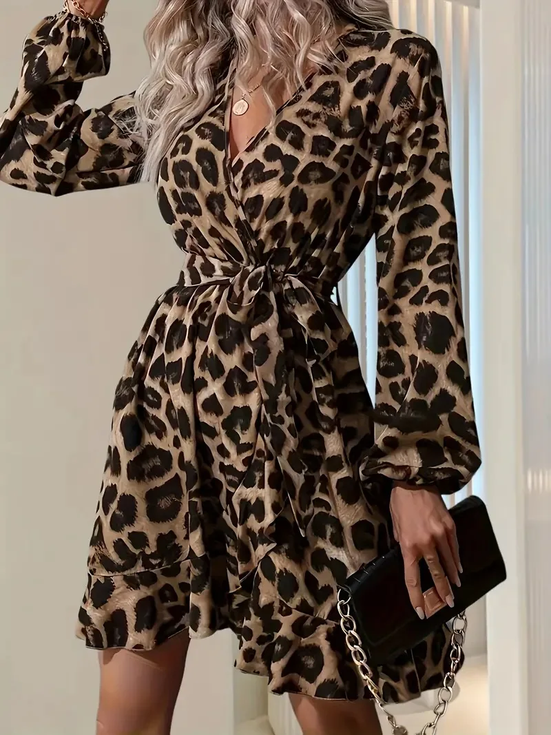 2025 Spring Summer New Fashion Leopard Print Dress Women's Elegant V-neck Long Sleeve Stripe Belt Dresses Casual Party Vestidos