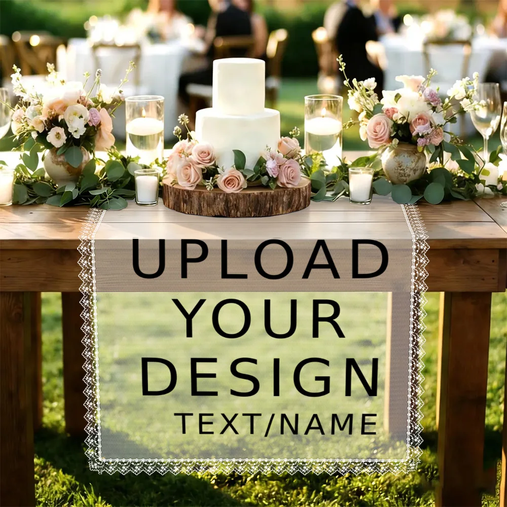 Custom Lace Table Runner Personalized Bride Groom Names Date Sheer Sign for Bridal Shower Engagement Reception Ceremony Decor