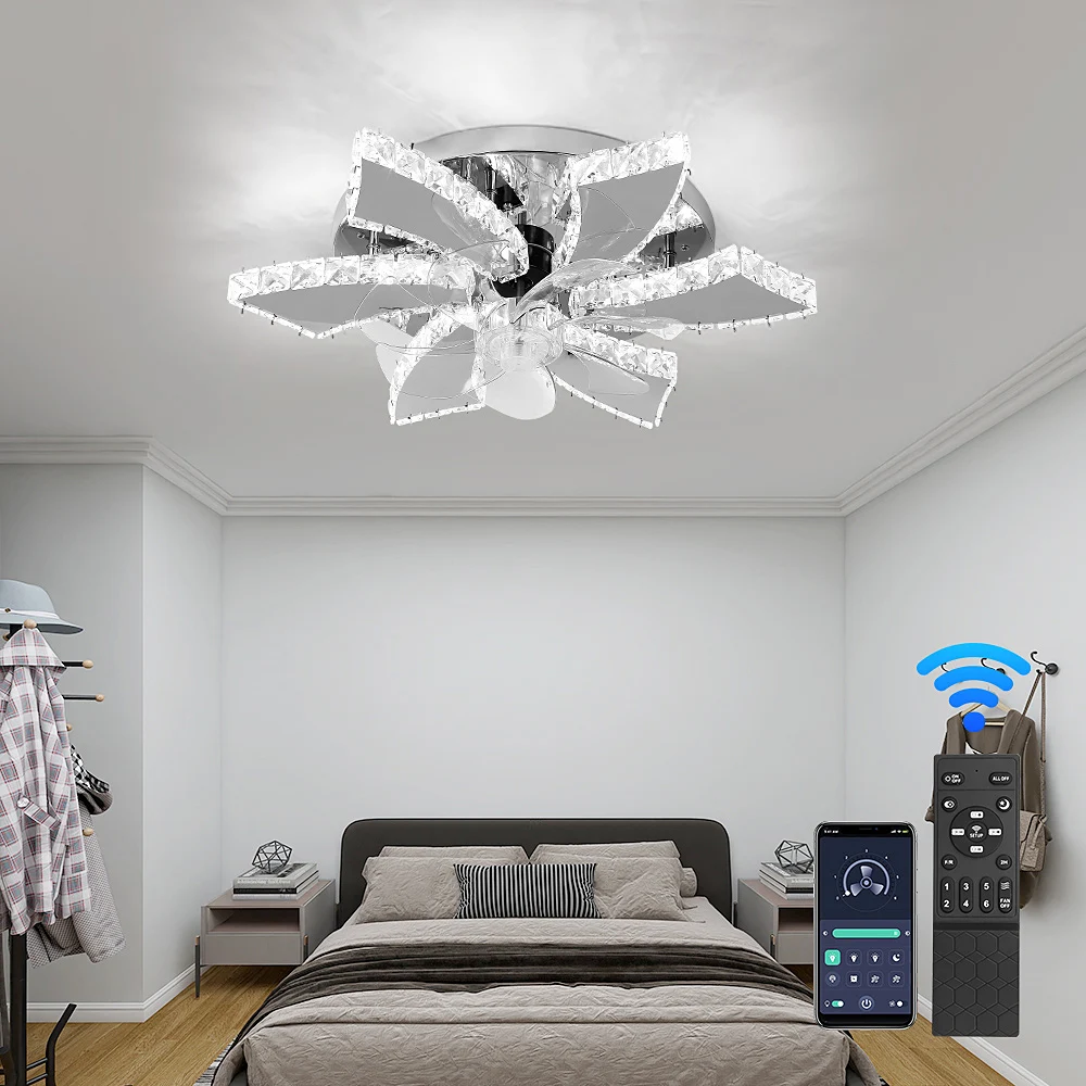 Led Luxury Crystal Ceiling Fan With Lights Remote Control Ceiling Fan Silver European Chandeilers Lamp for Home Livingroom Lumin