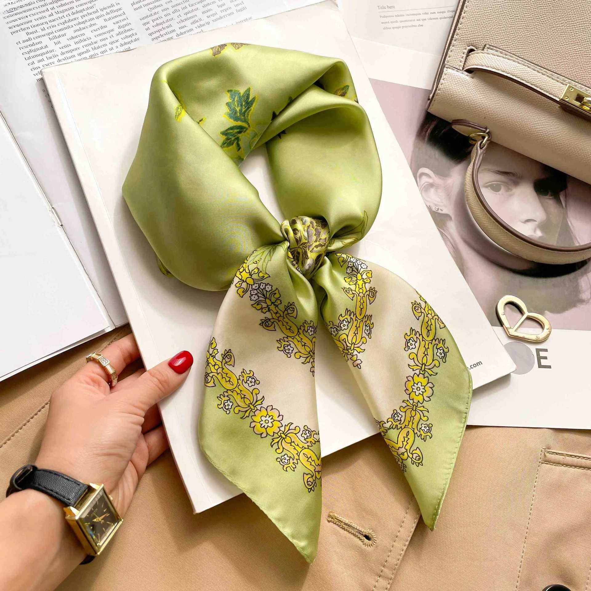 Fashion 70cm Green Print Square Silk Scarf Women Satin Neck Scarves Wrap Headkerchief Beach Hair Band Women's Bandana image 2